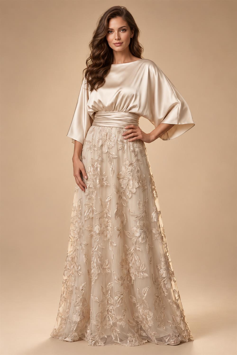 Sheath/Column Off Shoulder Stretch Jersey Floor-Length Mother of the Bride & Groom Dresses with Lace Appliques Sleeves & Slit (SHI22501550)