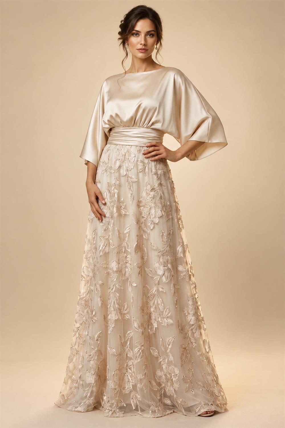 Sheath/Column Lace Appliques Maxi Mother of the Bride & Groom Dresses with Ruched Waist & Satin Bodice (SHI22501596)