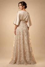 Sheath/Column Lace Appliques Maxi Mother of the Bride & Groom Dresses with Ruched Waist & Satin Bodice (SHI22501596)