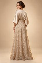 Sheath/Column Off Shoulder Stretch Jersey Floor-Length Mother of the Bride & Groom Dresses with Lace Appliques Sleeves & Slit (SHI22501550)