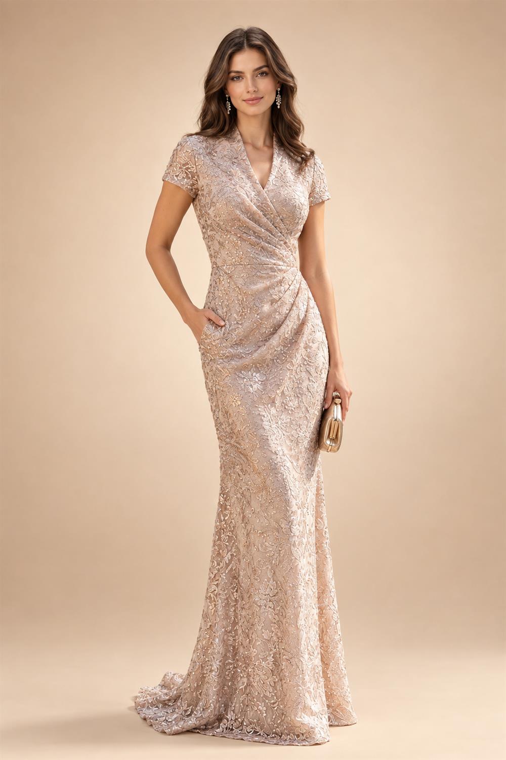 Sheath/Column Lace Appliques Maxi Mother of the Bride & Groom Dresses with Ruched Waist & Satin Bodice (SHI22501596)