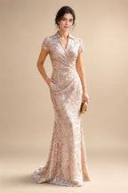 Jacquard Sheath/Column V-Neck Floor-Length Mother of the Bride & Groom Dresses with Ruffles & Ruched Waist (SHI22501058)