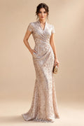Sequin Floral Sheath/Column V-Neck Floor-Length Mother of the Bride & Groom Dresses with Ruched Waist (SHI22500972)
