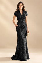 Sequin Floral Sheath/Column V-Neck Floor-Length Mother of the Bride & Groom Dresses with Ruched Waist (SHI22500972)