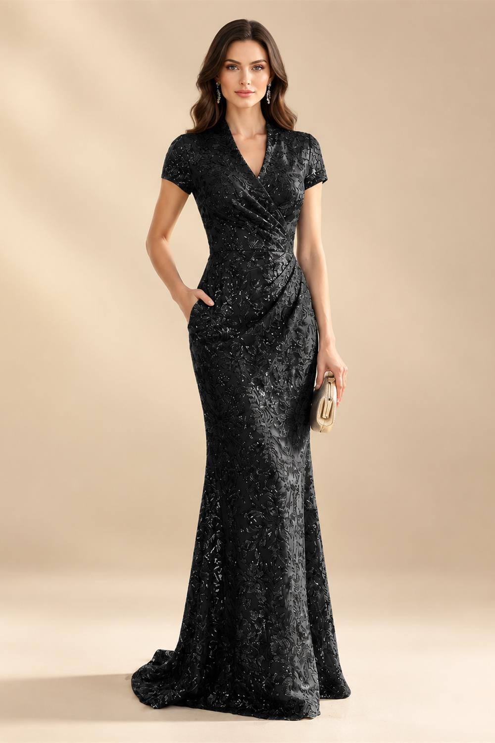 Sequin Floral Sheath/Column V-Neck Floor-Length Mother of the Bride & Groom Dresses with Ruched Waist (SHI22500972)
