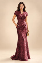 Sequin Floral Sheath/Column V-Neck Floor-Length Mother of the Bride & Groom Dresses with Ruched Waist (SHI22500972)