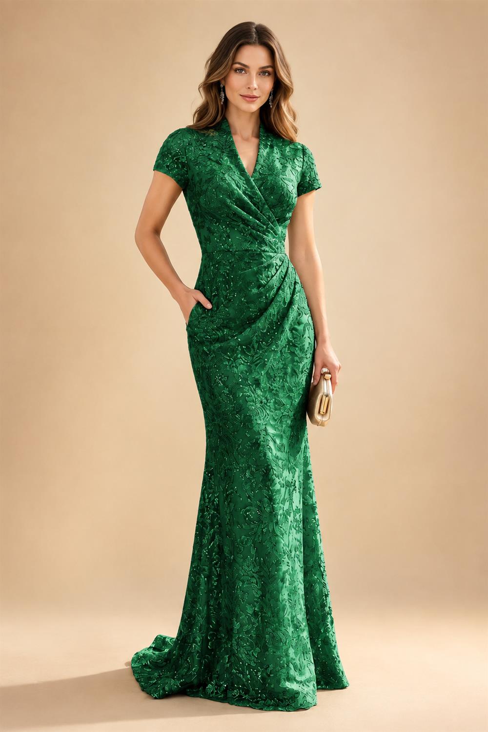 Sequin Floral Sheath/Column V-Neck Floor-Length Mother of the Bride & Groom Dresses with Ruched Waist (SHI22500972)