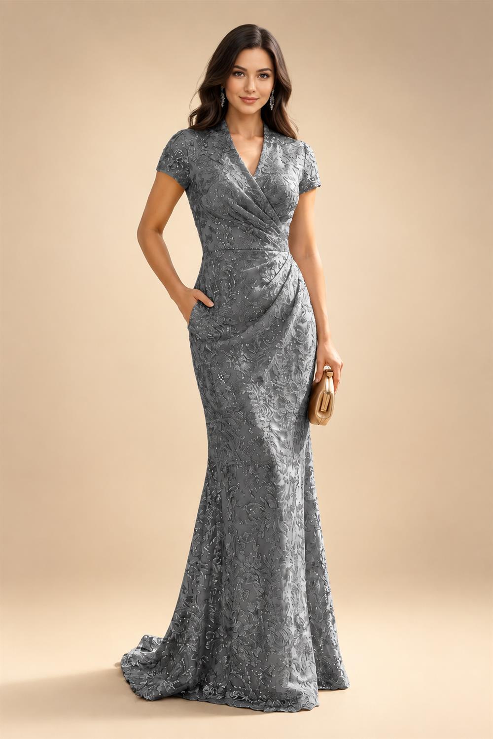 Sequin Floral Sheath/Column V-Neck Floor-Length Mother of the Bride & Groom Dresses with Ruched Waist (SHI22500972)
