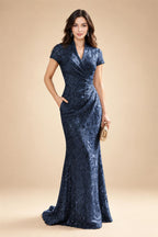 Sequin Floral Sheath/Column V-Neck Floor-Length Mother of the Bride & Groom Dresses with Ruched Waist (SHI22500972)