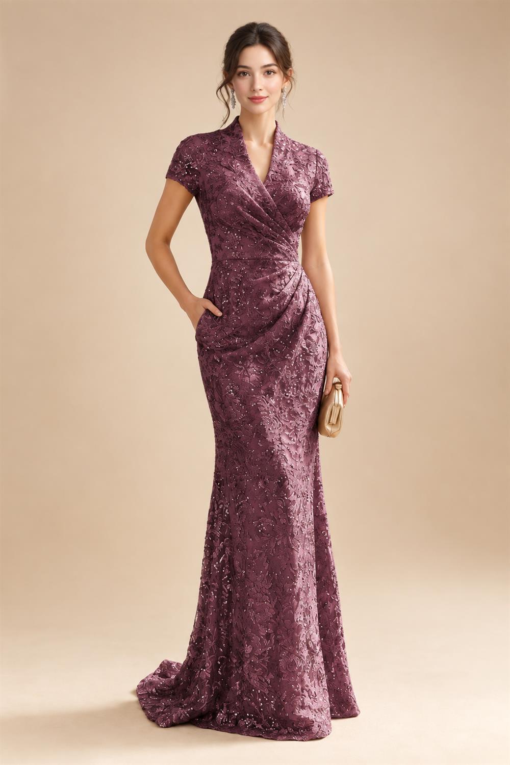 Sequin Floral Sheath/Column V-Neck Floor-Length Mother of the Bride & Groom Dresses with Ruched Waist (SHI22500972)