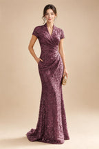 Sequin Floral Sheath/Column V-Neck Floor-Length Mother of the Bride & Groom Dresses with Ruched Waist (SHI22500972)