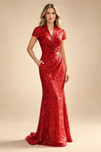 Sequin Floral Sheath/Column V-Neck Floor-Length Mother of the Bride & Groom Dresses with Ruched Waist (SHI22500972)