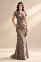 Sequin Floral Sheath/Column V-Neck Floor-Length Mother of the Bride & Groom Dresses with Ruched Waist (SHI22500972)