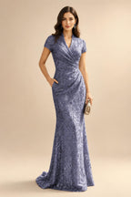Sequin Floral Sheath/Column V-Neck Floor-Length Mother of the Bride & Groom Dresses with Ruched Waist (SHI22500972)