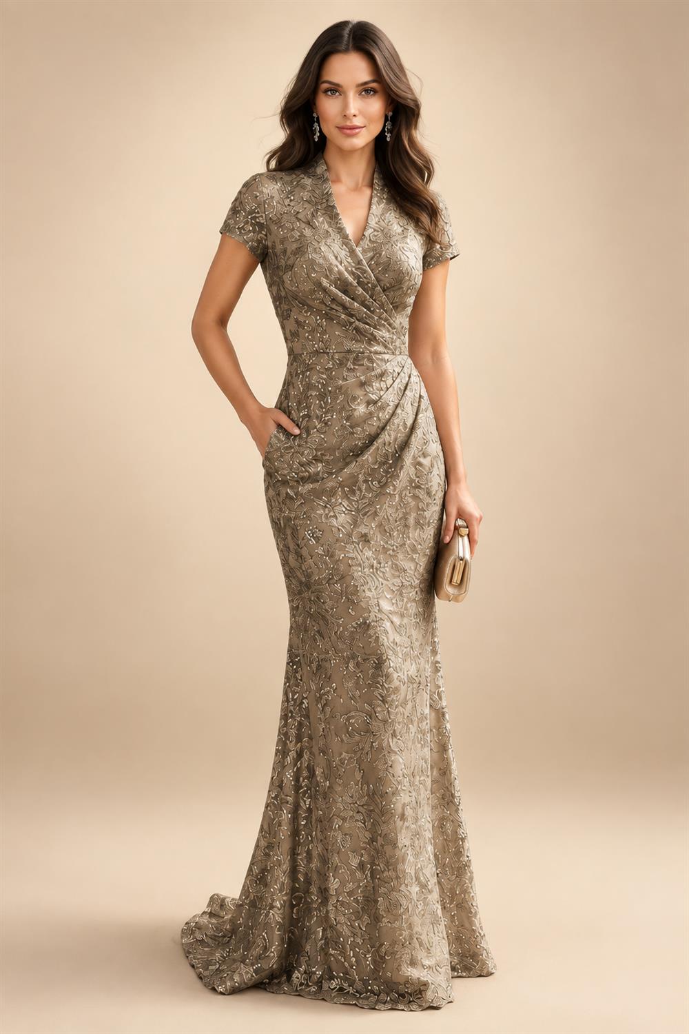 Sequin Floral Sheath/Column V-Neck Floor-Length Mother of the Bride & Groom Dresses with Ruched Waist (SHI22500972)