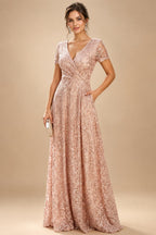 Sequin Floral A-Line/Princess V-Neck Floor-Length Mother of the Bride & Groom Dresses with 3D Flowers & Pleats (SHI22501348)