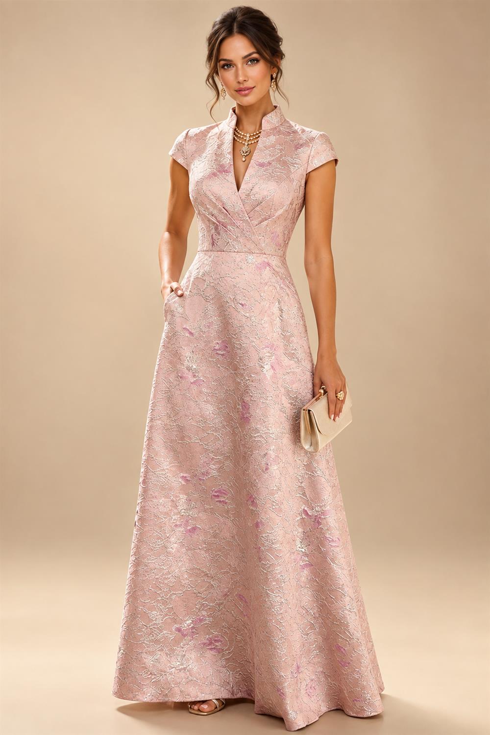 Jacquard A-Line/Princess V-Neck Floor-Length Mother of the Bride & Groom Dresses with Pockets (SHI22500987)