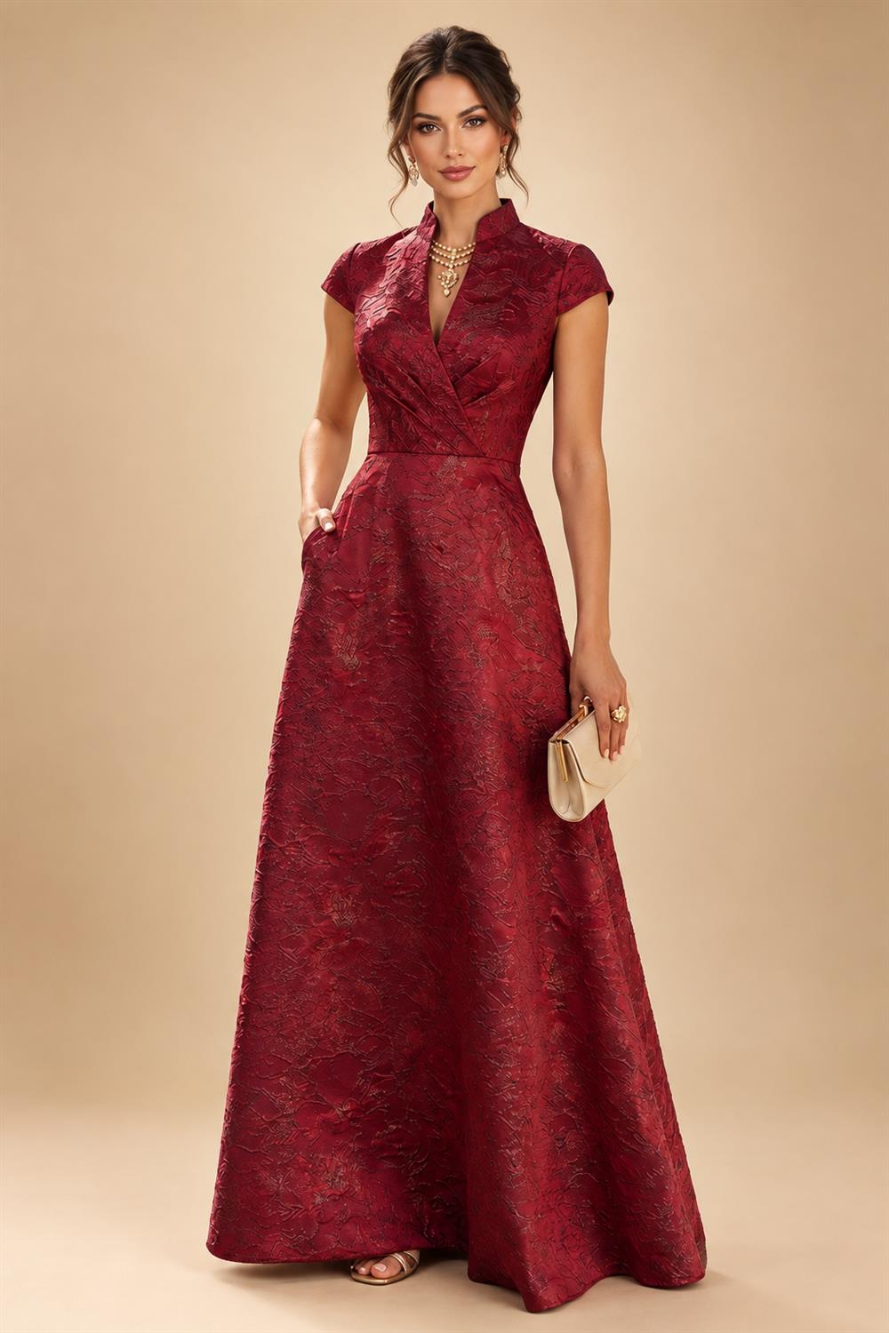 Jacquard A-Line/Princess V-Neck Floor-Length Mother of the Bride & Groom Dresses with Pockets (SHI22500987)