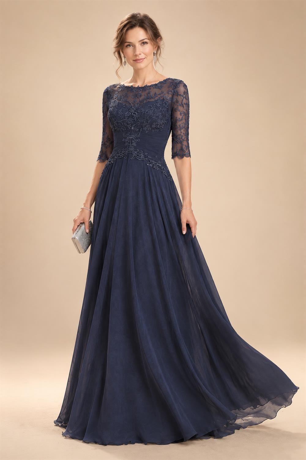 Chiffon Sheath/Column V-Neck Floor-Length Mother of the Bride & Groom Dresses with Lace Embroidery Bodice & Ruched Waist (SHI22501510)