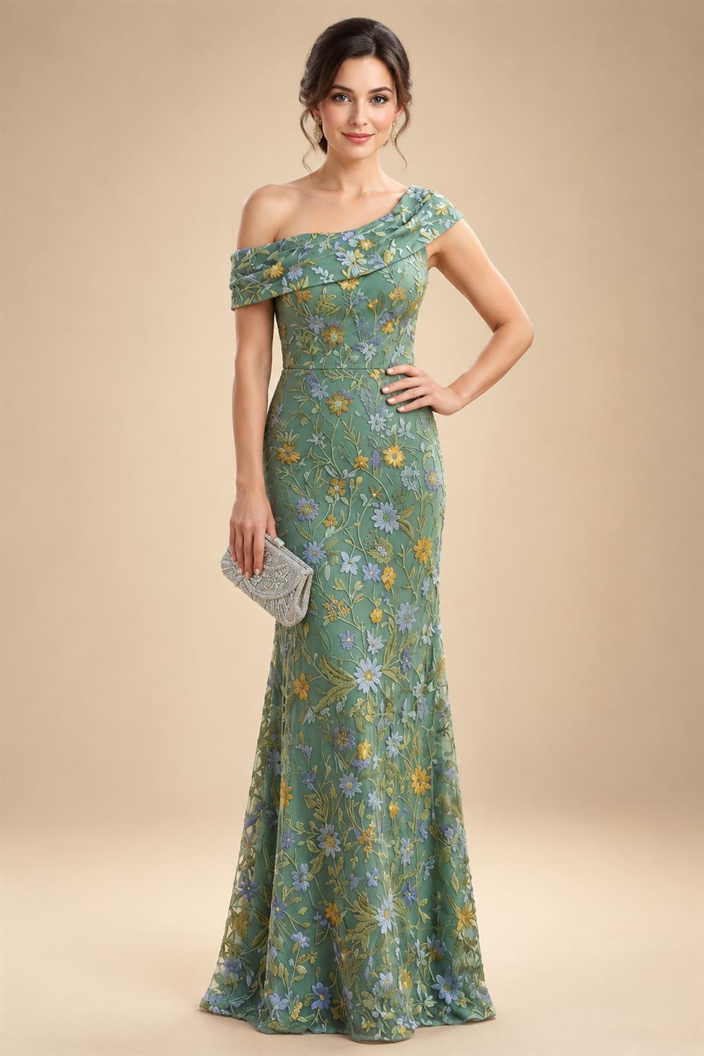 Lace Sheath/Column One Shoulder Floor-Length Mother of the Bride & Groom Dresses with Ruched Waist (SHI22500892)