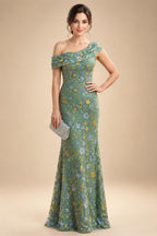 Lace Sheath/Column One Shoulder Floor-Length Mother of the Bride & Groom Dresses with Ruched Waist (SHI22500892)