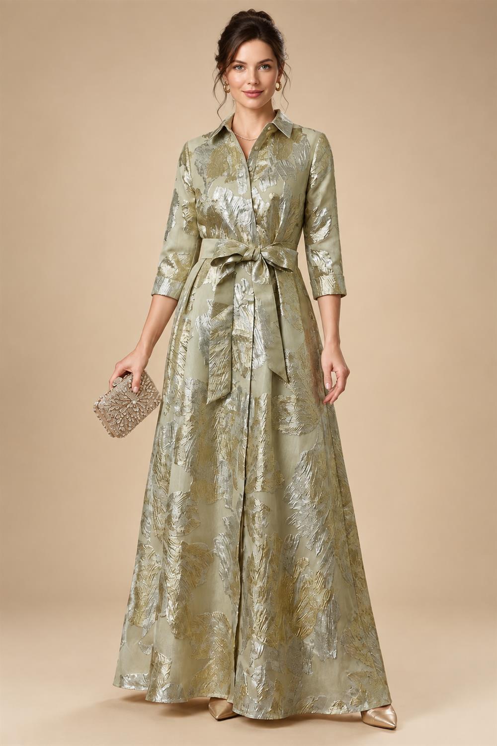 Jacquard A-Line/Princess V-Neck Floor-Length Mother of the Bride & Groom Dresses with Belt (SHI22500943)