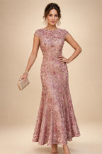 A-Line/Princess Scoop Illusion Lace Appliques Tea-Length Mother of the Bride Dresses with Pleated Ruffle (SHI22500105)