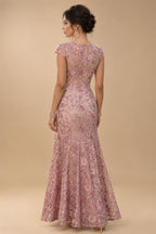 A-Line/Princess Scoop Illusion Lace Appliques Tea-Length Mother of the Bride Dresses with Pleated Ruffle (SHI22500105)