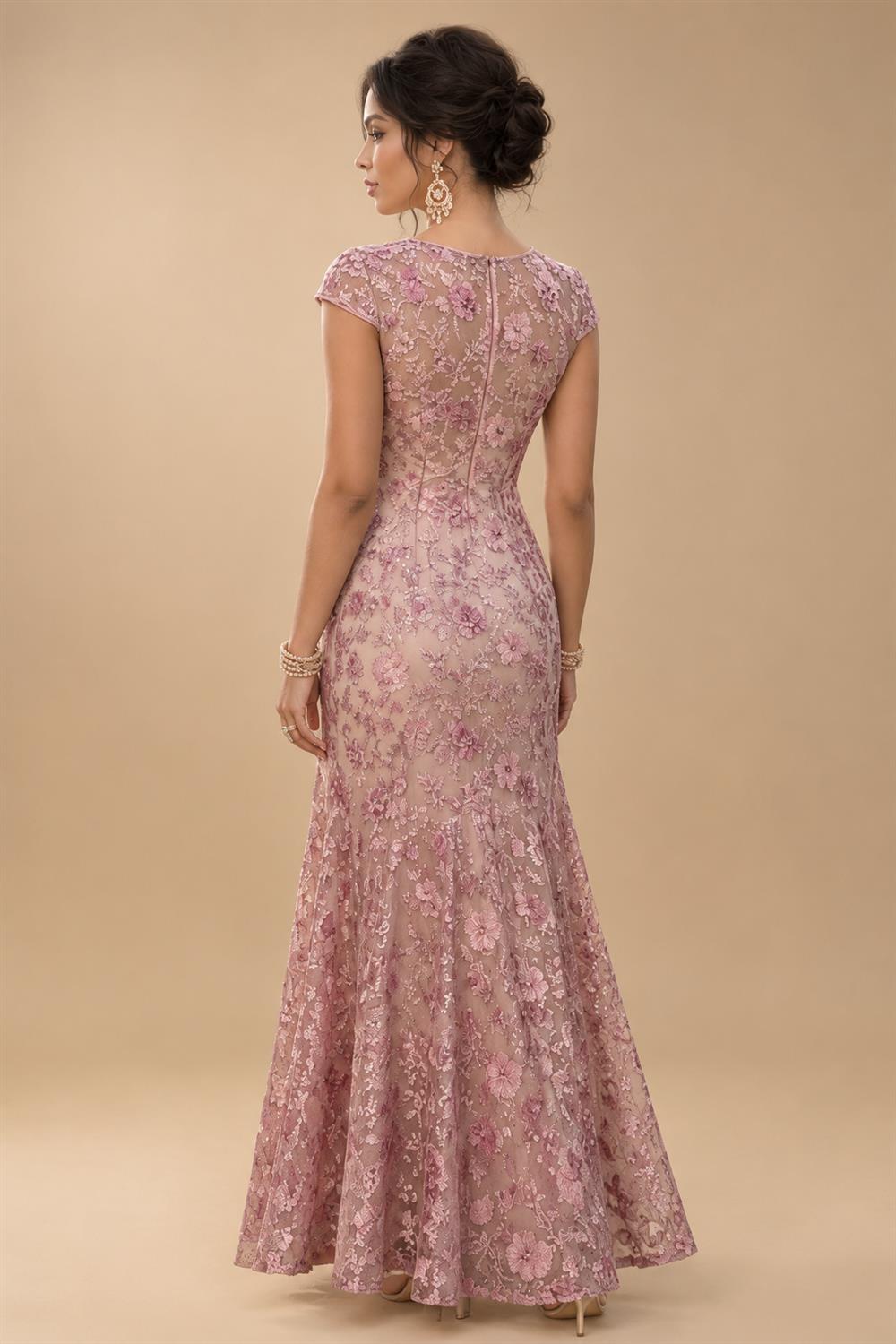 A-Line/Princess Scoop Illusion Lace Appliques Tea-Length Mother of the Bride Dresses with Pleated Ruffle (SHI22500105)