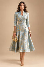Jacquard A-Line/Princess V-Neck Tea-Length Mother of the Bride & Groom Dresses with Ruched Waist (SHI22501056)