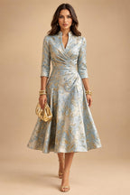 Jacquard A-Line/Princess V-Neck Tea-Length Mother of the Bride & Groom Dresses with Ruched Waist (SHI22501056)