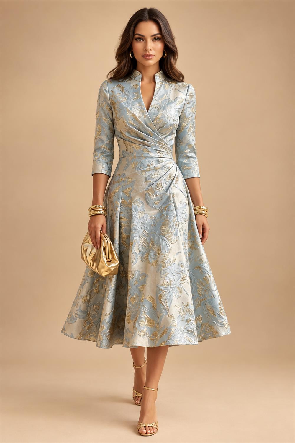 Jacquard A-Line/Princess V-Neck Tea-Length Mother of the Bride & Groom Dresses with Ruched Waist (SHI22501056)