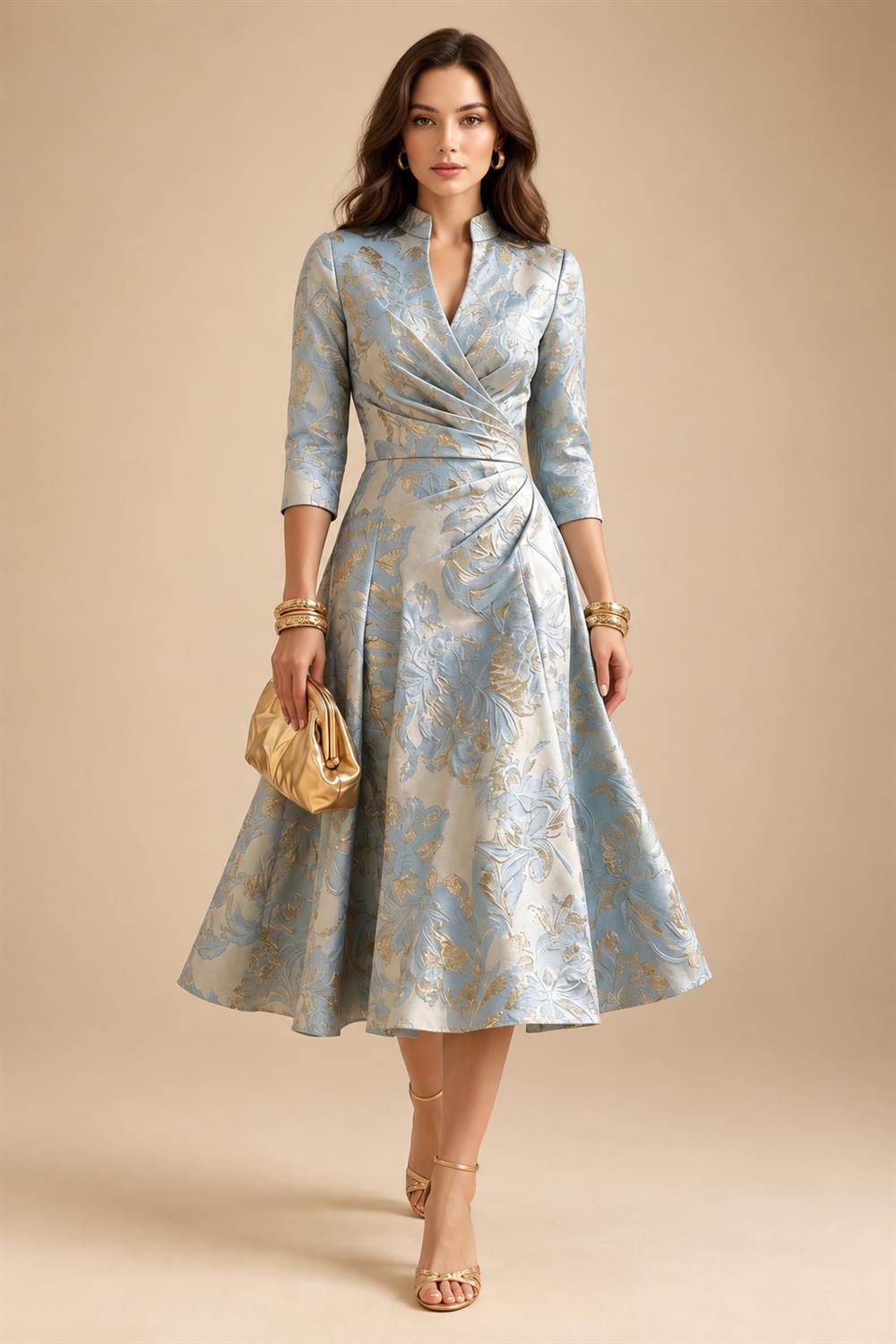 Jacquard A-Line/Princess V-Neck Tea-Length Mother of the Bride & Groom Dresses with Ruched Waist (SHI22501056)
