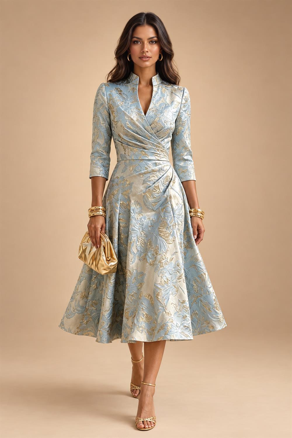 Sheath/Column V-Neck Jacquard Maxi Mother of the Bride & Groom Dresses with Ruffles & Slit (SHI25001047)