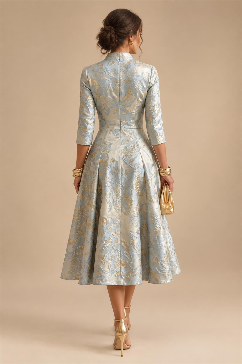 Jacquard A-Line/Princess V-Neck Tea-Length Mother of the Bride & Groom Dresses with Ruched Waist (SHI22501056)
