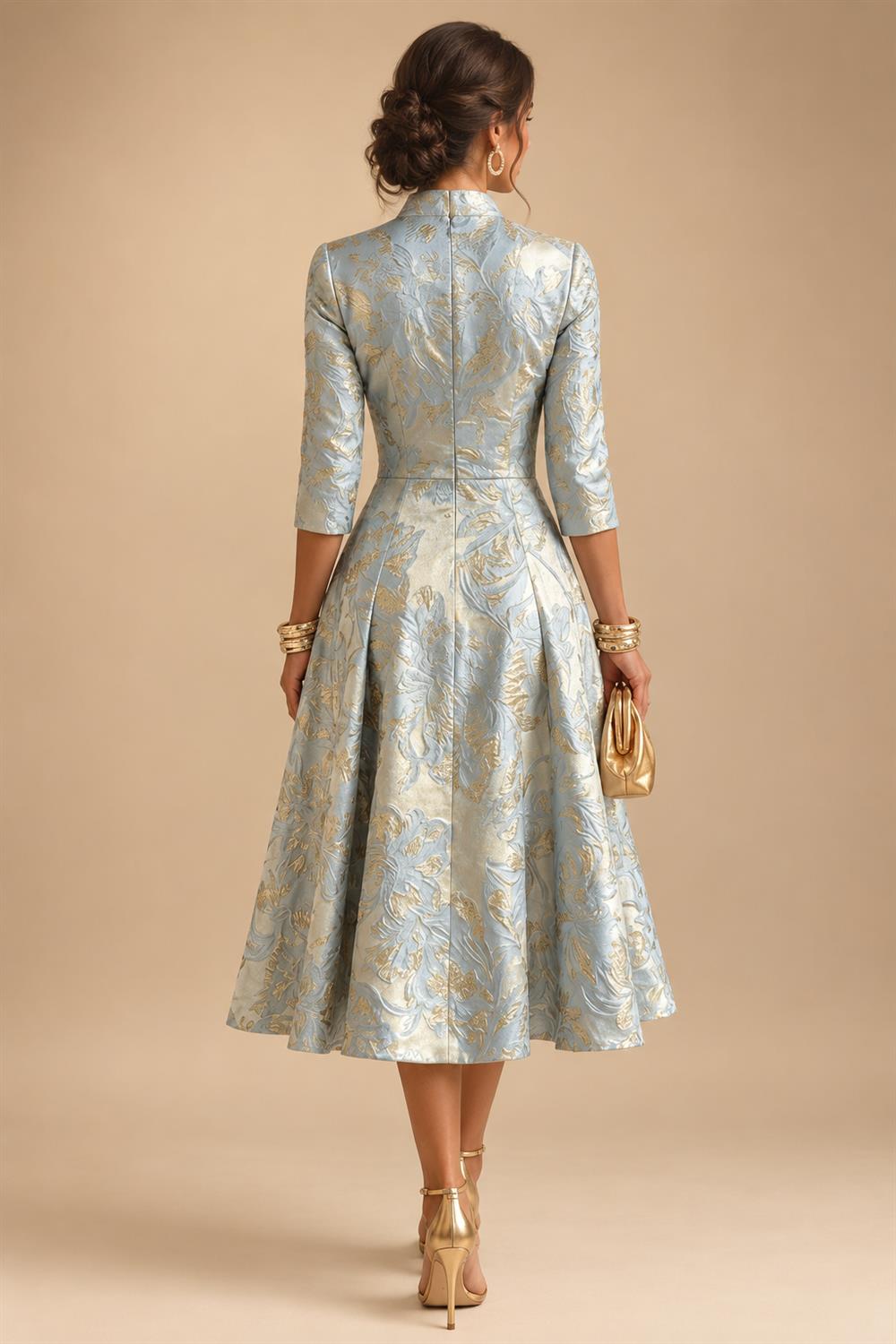 Jacquard A-Line/Princess V-Neck Tea-Length Mother of the Bride & Groom Dresses with Ruched Waist (SHI22501056)