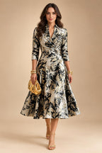Jacquard A-Line/Princess V-Neck Tea-Length Mother of the Bride & Groom Dresses with Ruched Waist (SHI22501056)