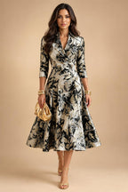 Jacquard A-Line/Princess V-Neck Tea-Length Mother of the Bride & Groom Dresses with Ruched Waist (SHI22501056)