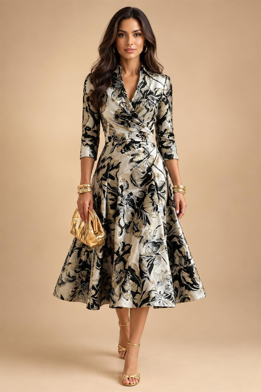 Jacquard A-Line/Princess V-Neck Tea-Length Mother of the Bride & Groom Dresses with Ruched Waist (SHI22501056)