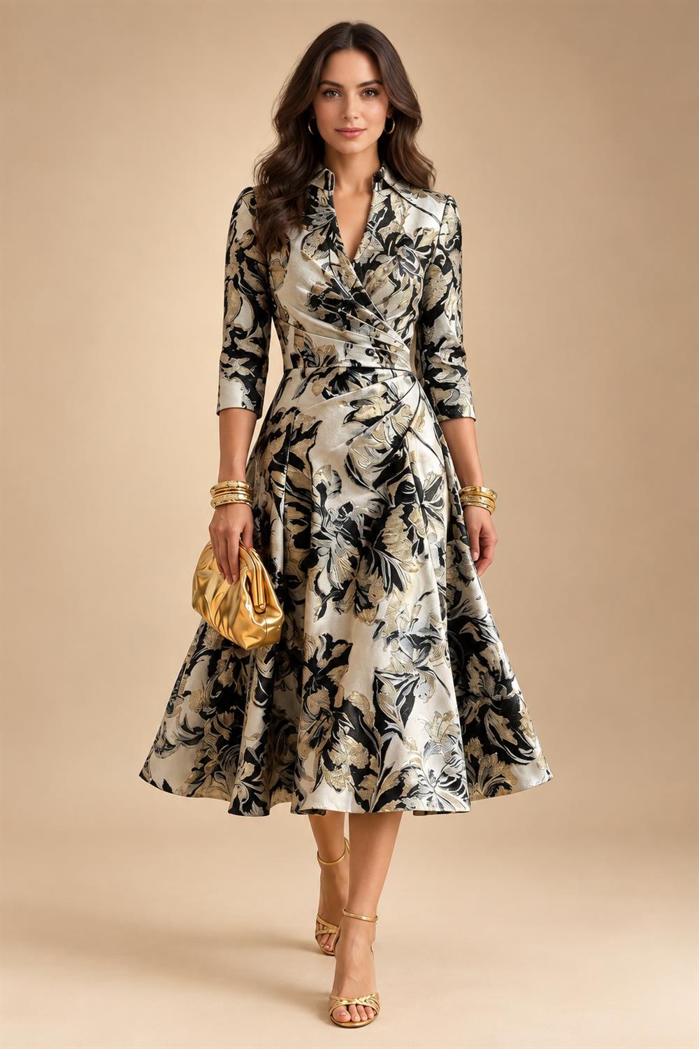 Jacquard A-Line/Princess V-Neck Tea-Length Mother of the Bride & Groom Dresses with Ruched Waist (SHI22501056)