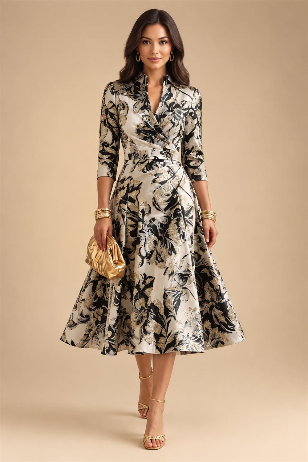 Jacquard A-Line/Princess V-Neck Tea-Length Mother of the Bride & Groom Dresses with Ruched Waist (SHI22501056)