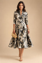 Jacquard A-Line/Princess V-Neck Tea-Length Mother of the Bride & Groom Dresses with Ruched Waist (SHI22501056)