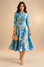 Jacquard A-Line/Princess V-Neck Tea-Length Mother of the Bride & Groom Dresses with Ruched Waist (SHI22501056)