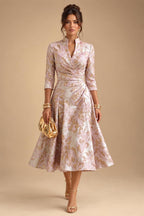 Jacquard A-Line/Princess V-Neck Tea-Length Mother of the Bride & Groom Dresses with Ruched Waist (SHI22501056)