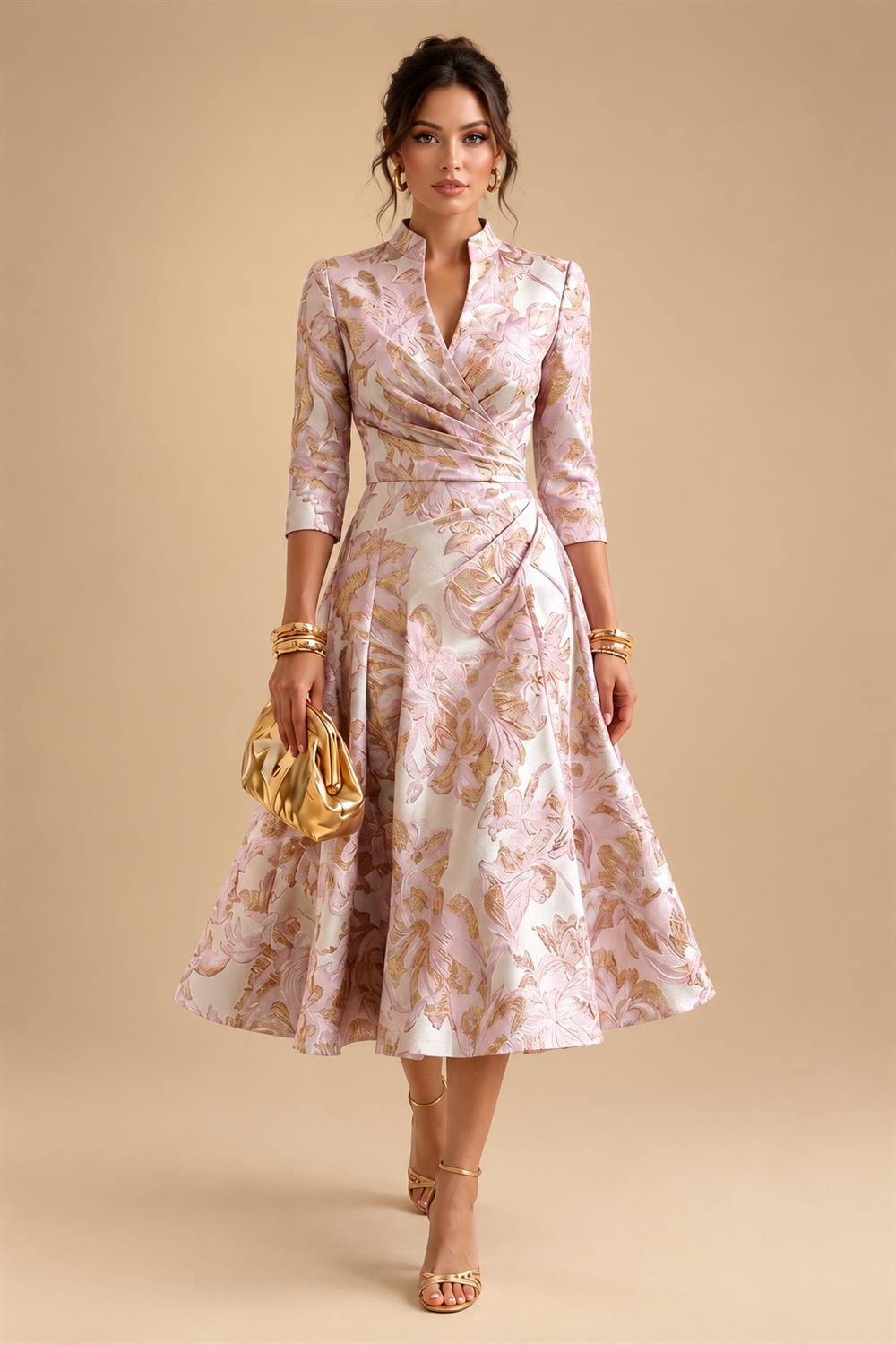 Jacquard A-Line/Princess V-Neck Tea-Length Mother of the Bride & Groom Dresses with Ruched Waist (SHI22501056)