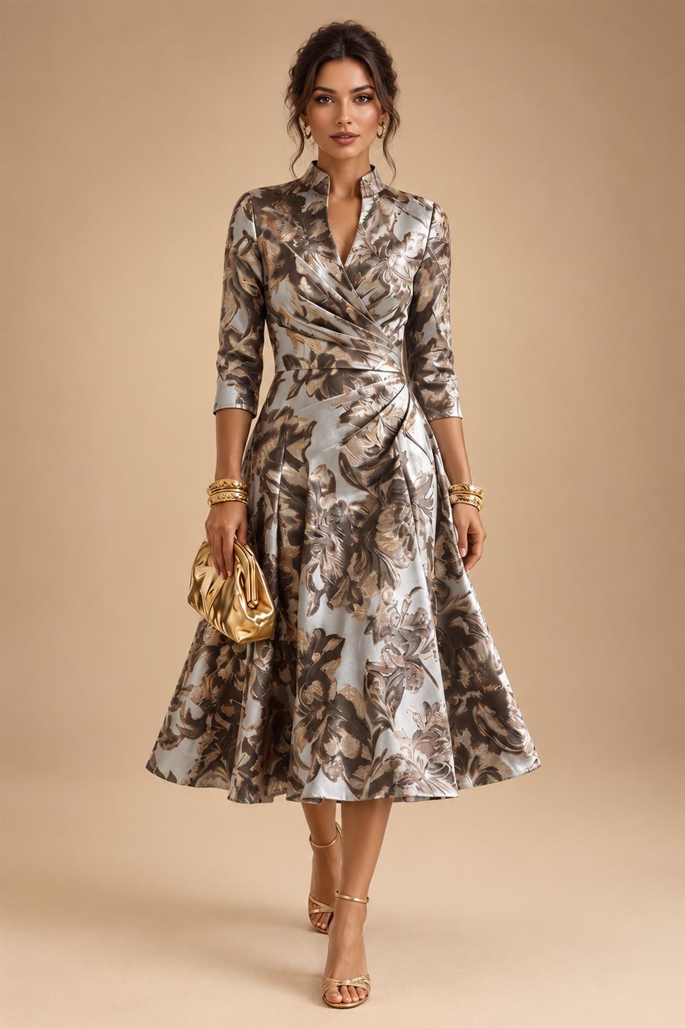 Jacquard A-Line/Princess V-Neck Tea-Length Mother of the Bride & Groom Dresses with Ruched Waist (SHI22501056)