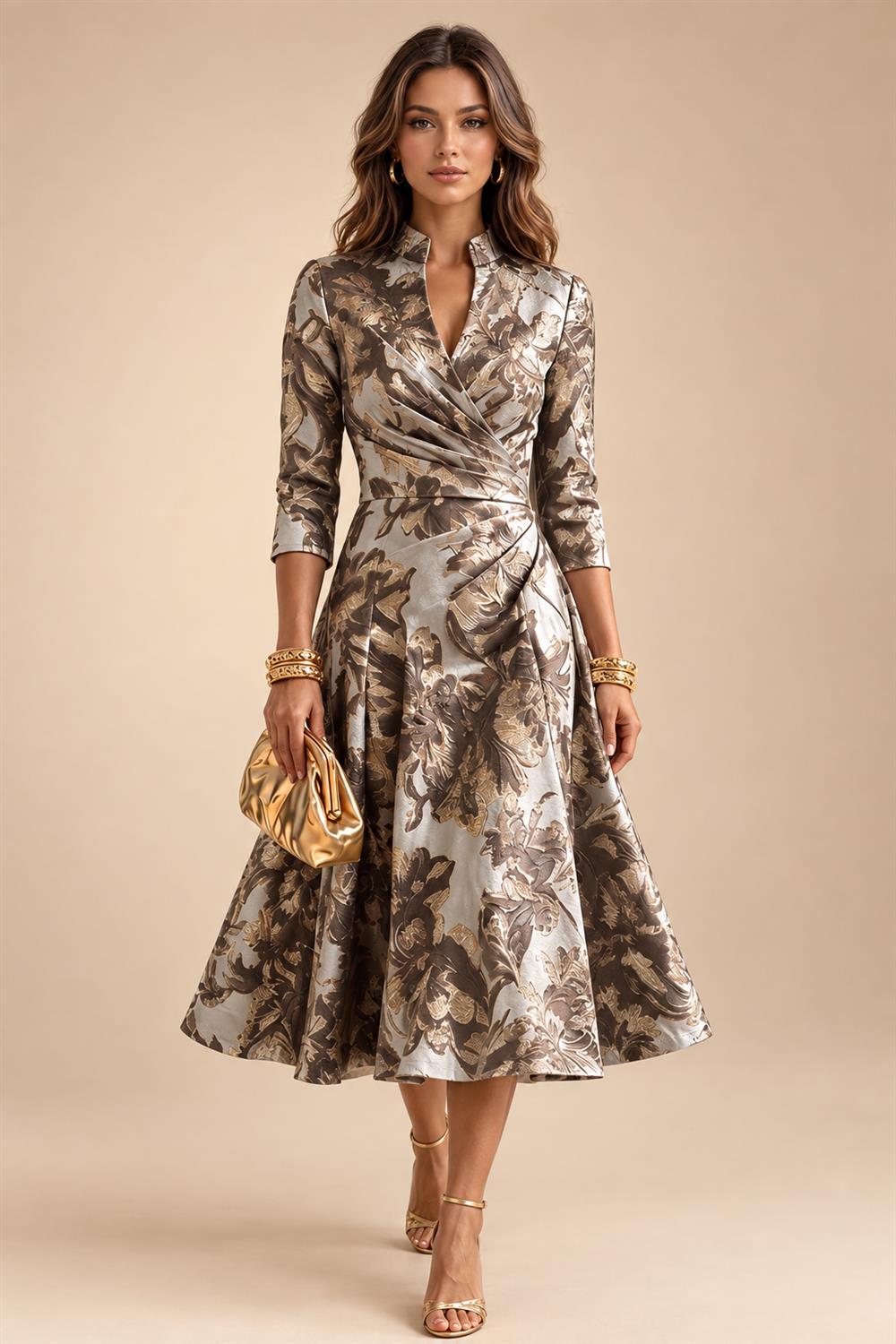 Jacquard A-Line/Princess V-Neck Tea-Length Mother of the Bride & Groom Dresses with Ruched Waist (SHI22501056)