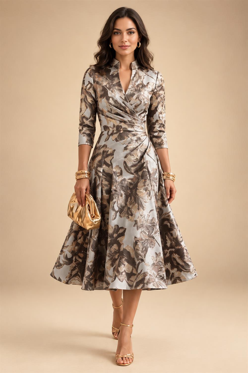 Jacquard A-Line/Princess V-Neck Tea-Length Mother of the Bride & Groom Dresses with Ruched Waist (SHI22501056)