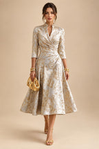 Jacquard A-Line/Princess V-Neck Tea-Length Mother of the Bride & Groom Dresses with Ruched Waist (SHI22501056)