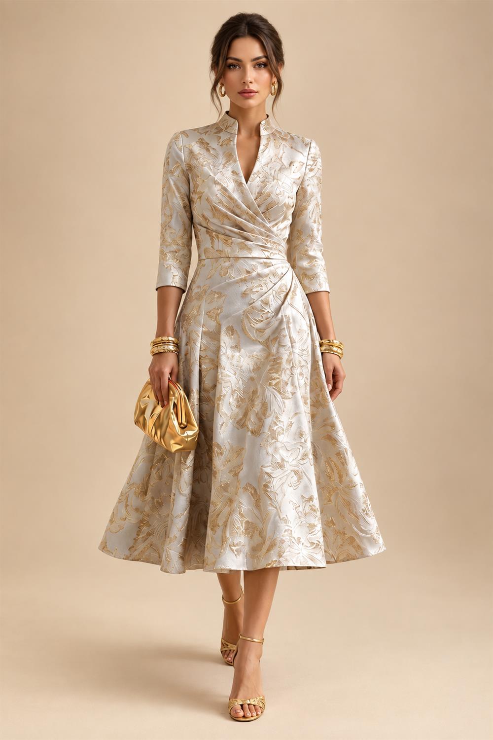 Jacquard A-Line/Princess V-Neck Tea-Length Mother of the Bride & Groom Dresses with Ruched Waist (SHI22501056)